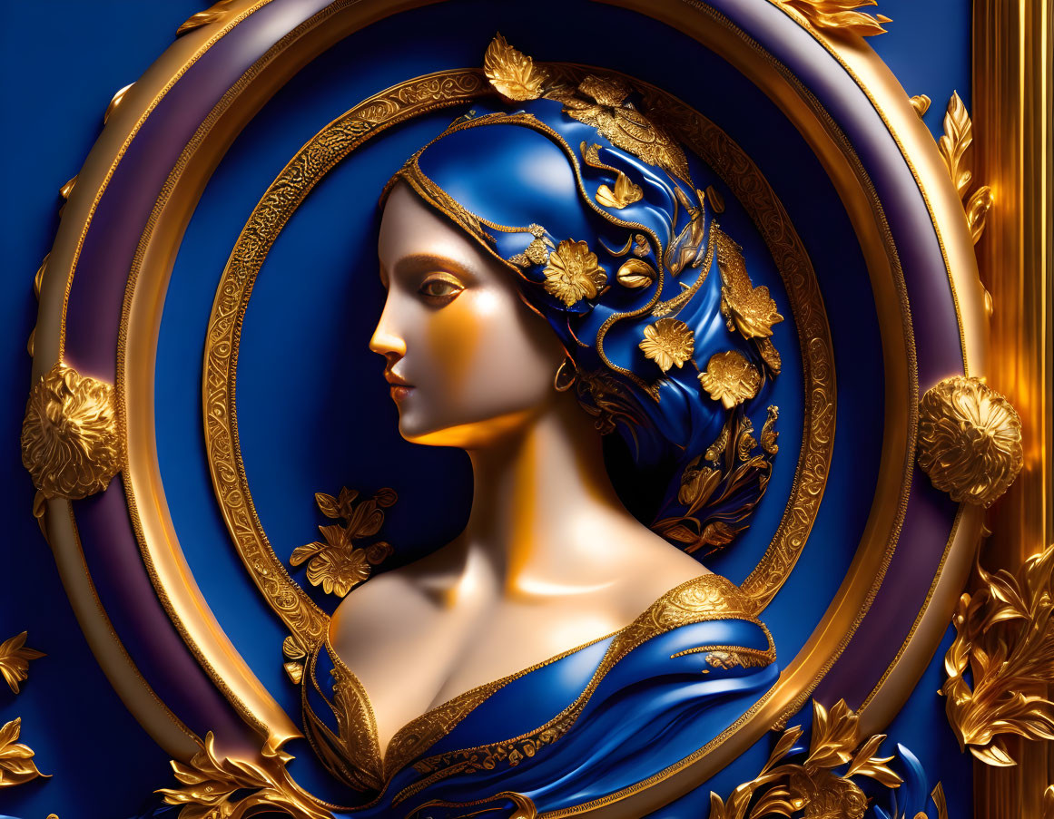 3D digital artwork of woman with gold floral hair adornments in blue gown