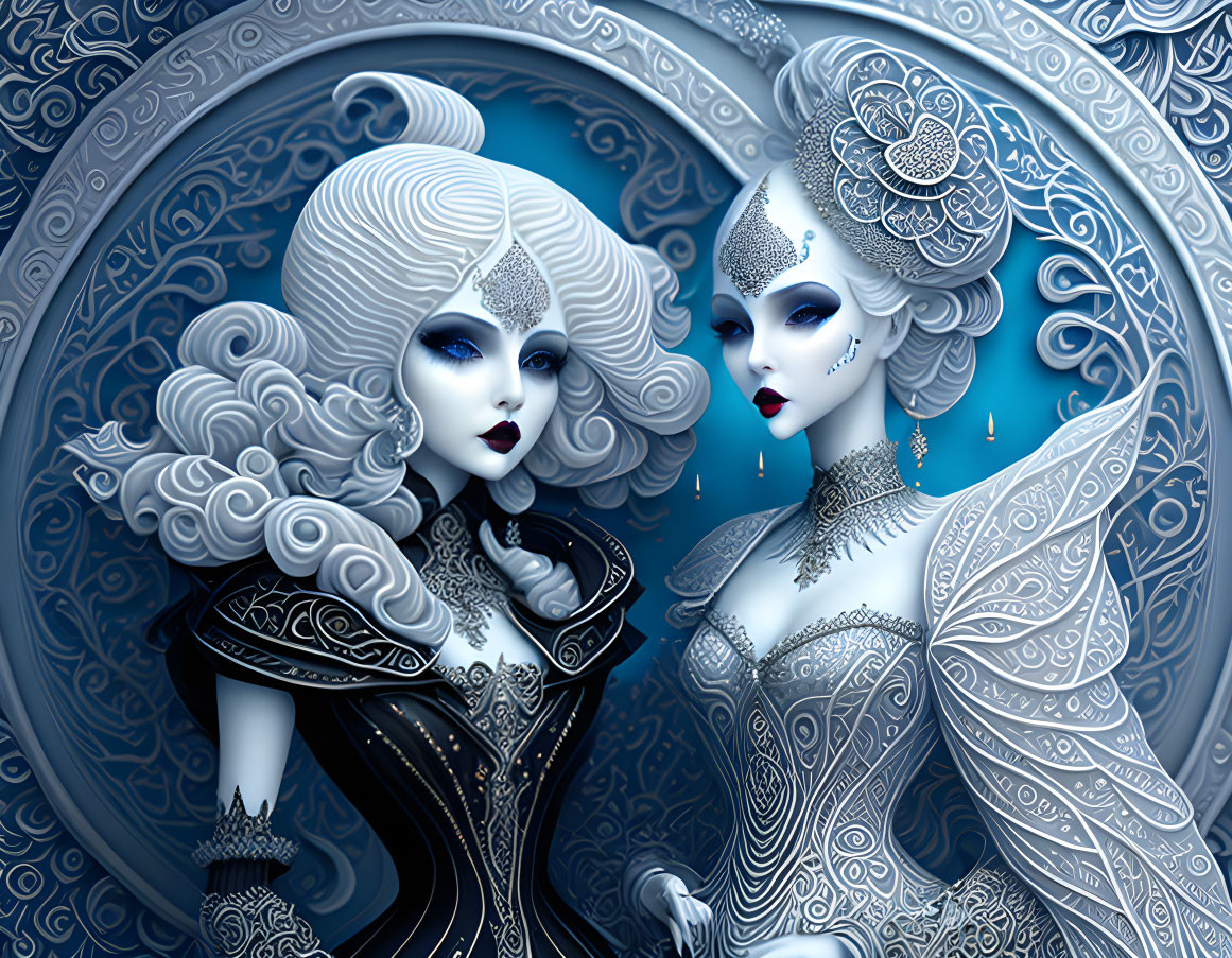 Stylized ethereal female figures with intricate outfits against ornate backdrop