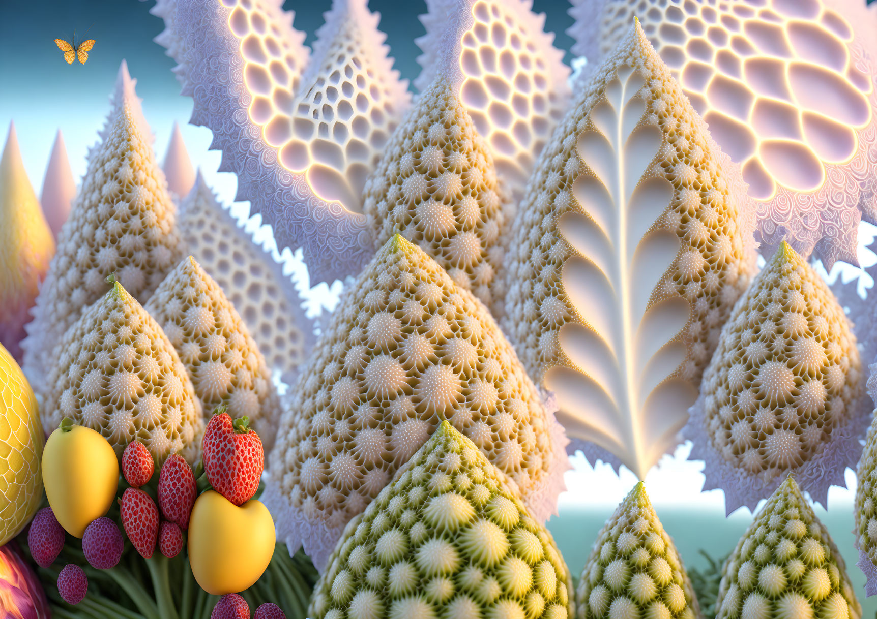 Surreal 3D landscape with fractal structures, vibrant fruits, and butterfly