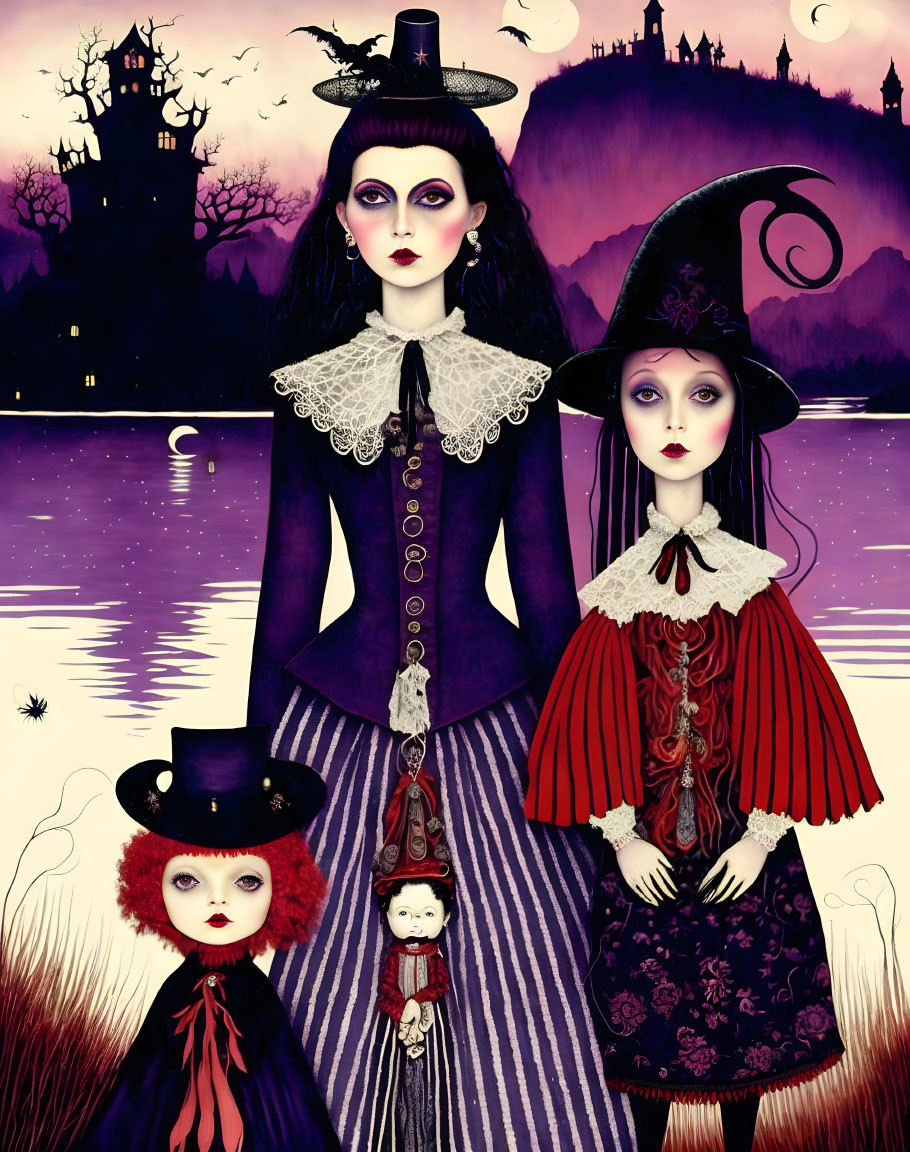 Three gothic dolls in Victorian attire against spooky landscape