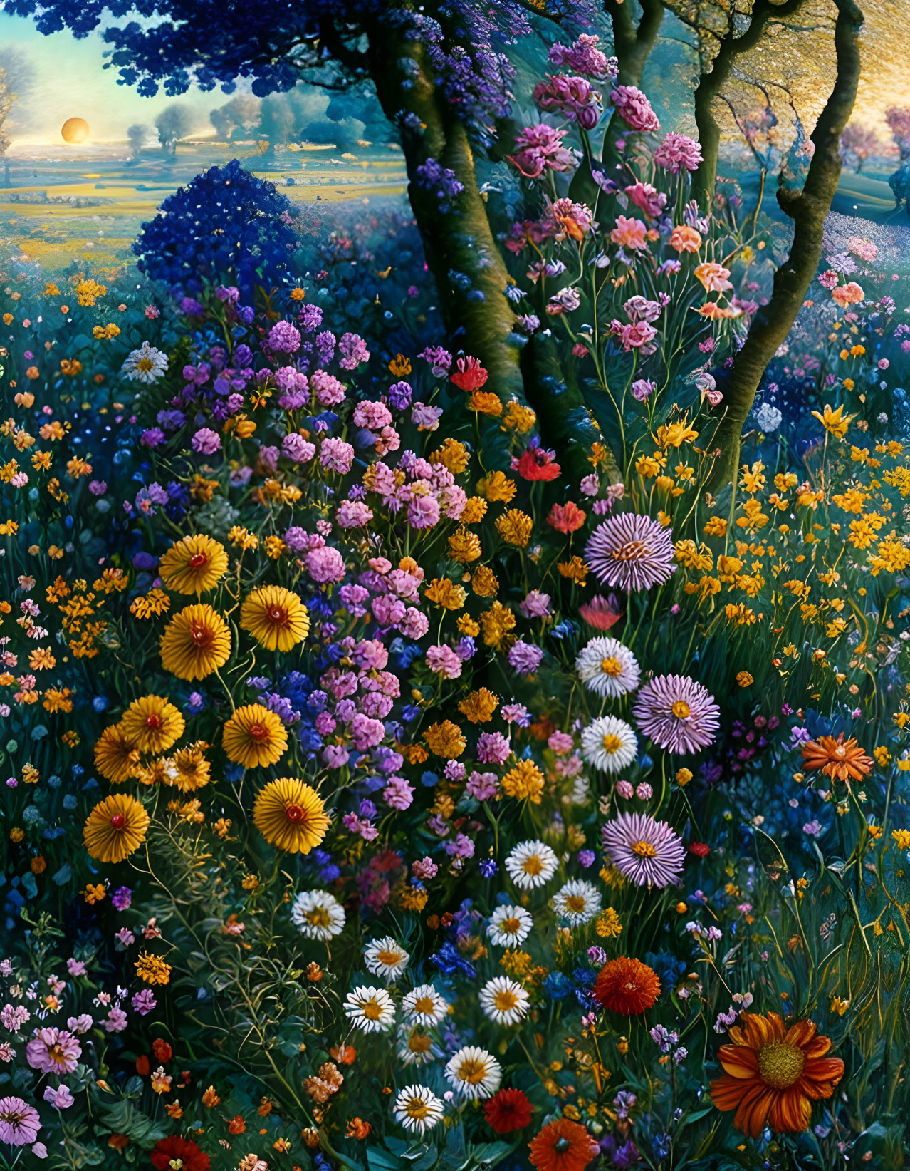 Colorful Flower-filled Meadow Painting at Sunset