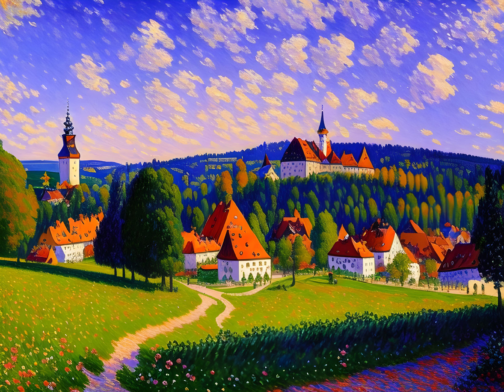 Vibrant painting of quaint village with pointy-roofed buildings and church under starry sky