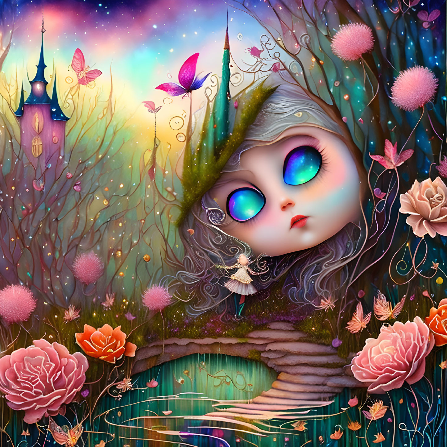 Whimsical illustration featuring doll-like figure in vibrant landscape