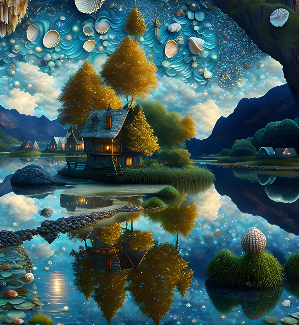 Fantasy landscape with glowing orbs, seashell formations, and serene lake