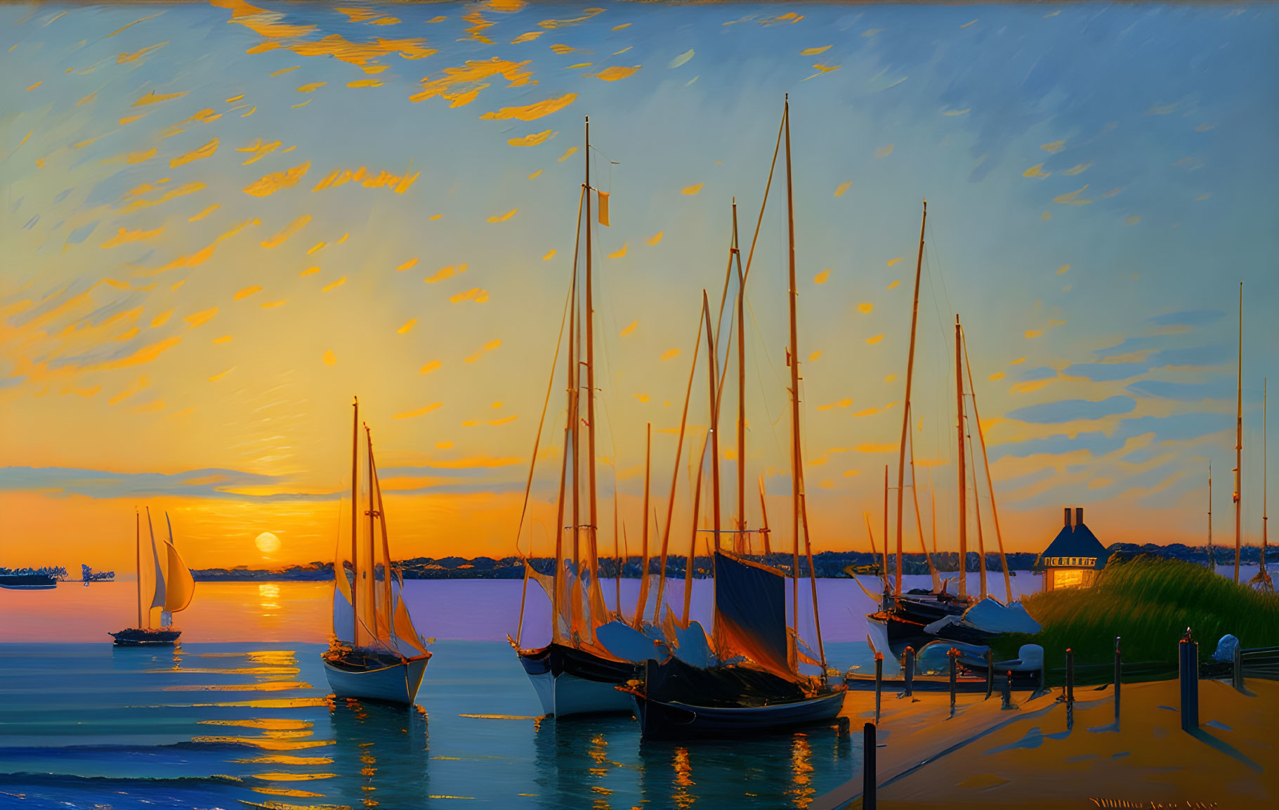 Sailboats in Calm Waters at Sunset with Orange Skies