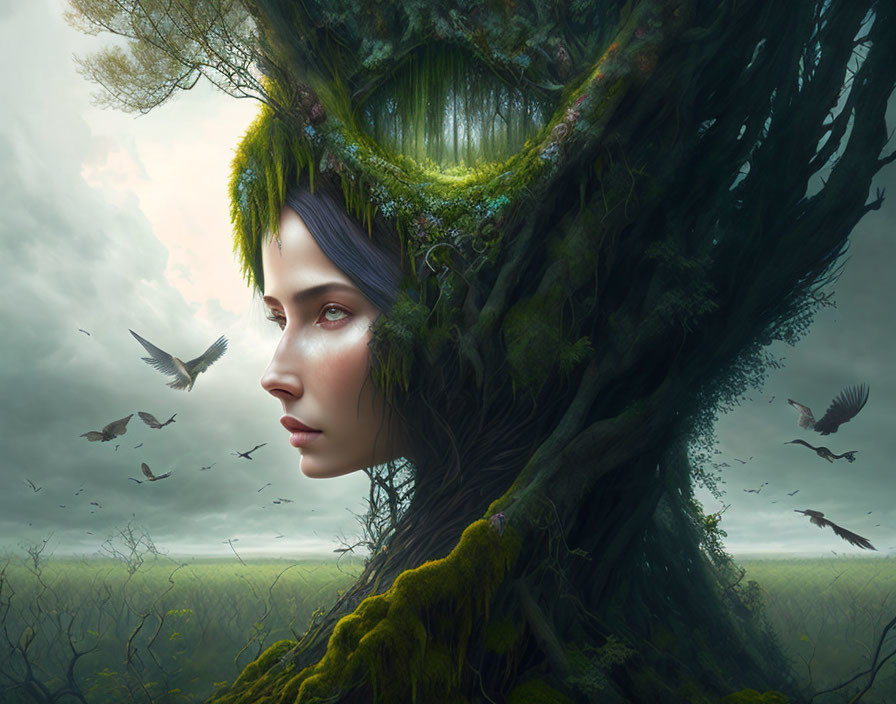 Surreal portrait: woman's face merges with mossy tree, birds in mystic forest.