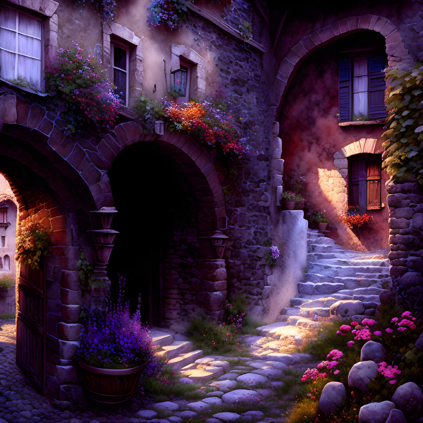 Charming cobblestone alley with rustic stone buildings and blooming purple flowers at dusk