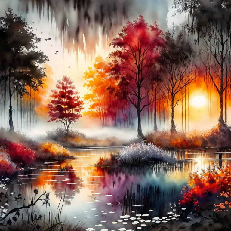 Misty forest sunset watercolor with warm colors and tranquil pond