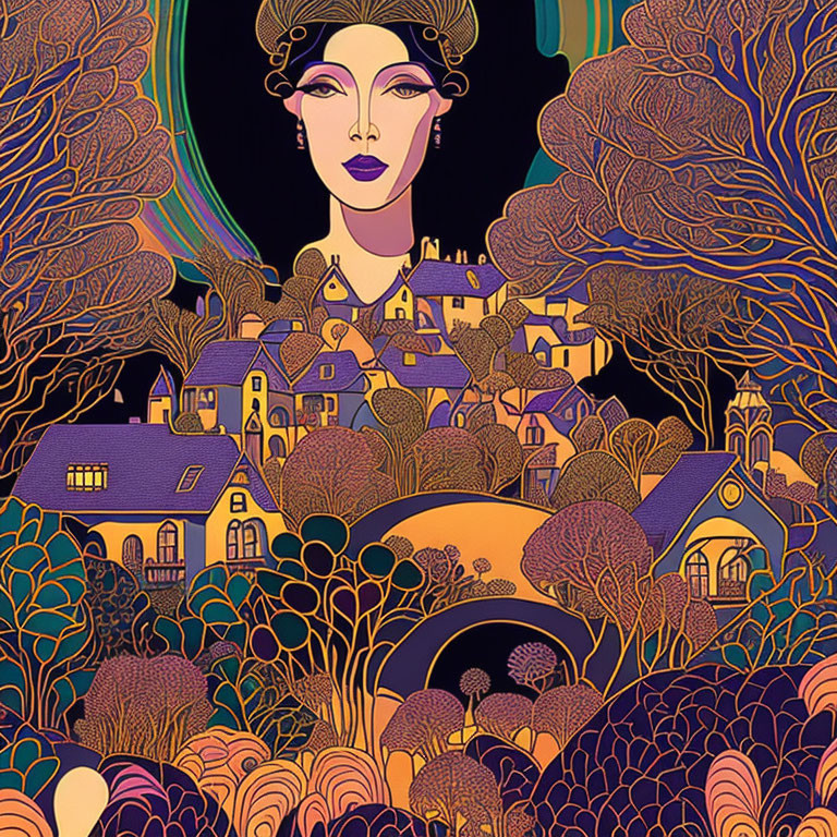 Colorful Stylized Illustration: Woman's Face Blended with Whimsical Landscape