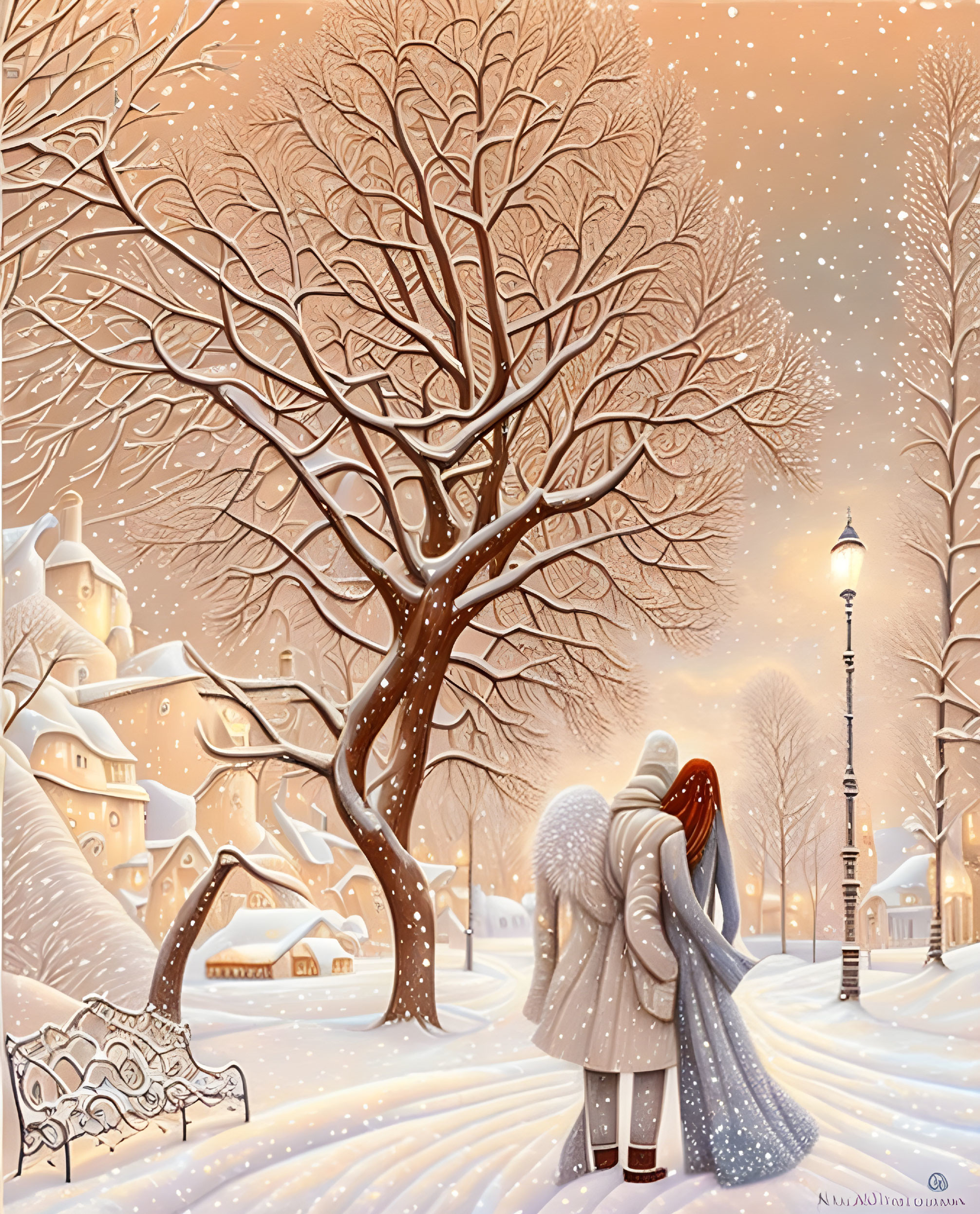 Couple Embracing Under Snow-Covered Tree in Winter Scene