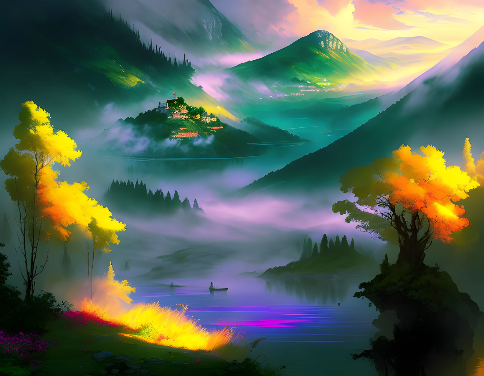 Colorful digital artwork of misty mountain landscape with lake, boat, foliage, and castle at sunrise