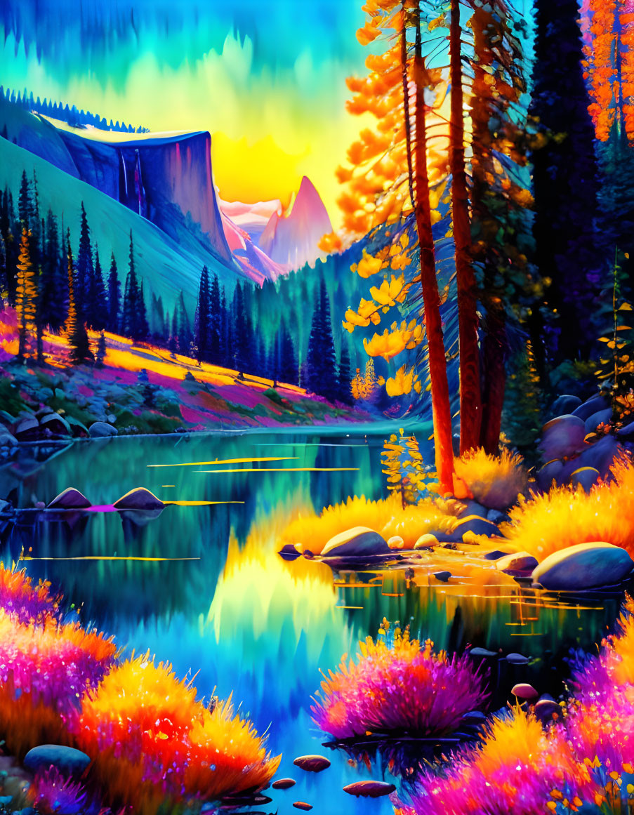 Scenic river landscape with lush trees and vivid sunset