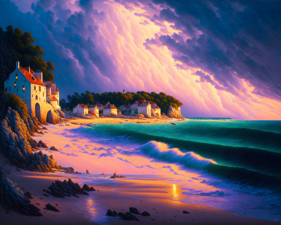 Scenic coastal sunset over village with dramatic skies