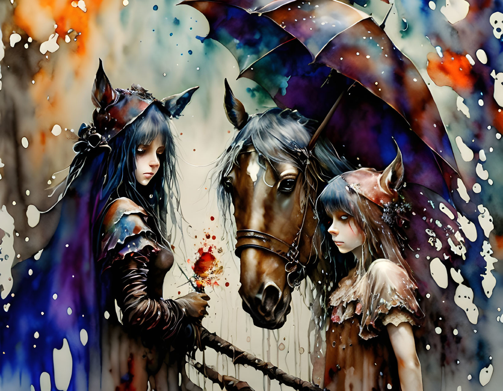 Fantastical painting of two girls, horse, and umbrella in colorful background