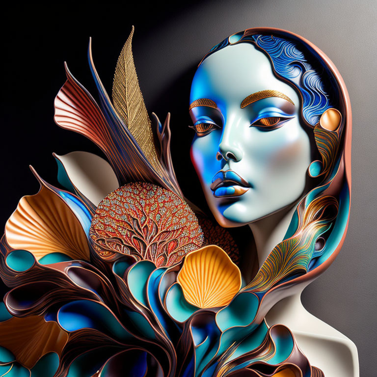 Stylized digital art of blue-skinned woman in ornate surroundings