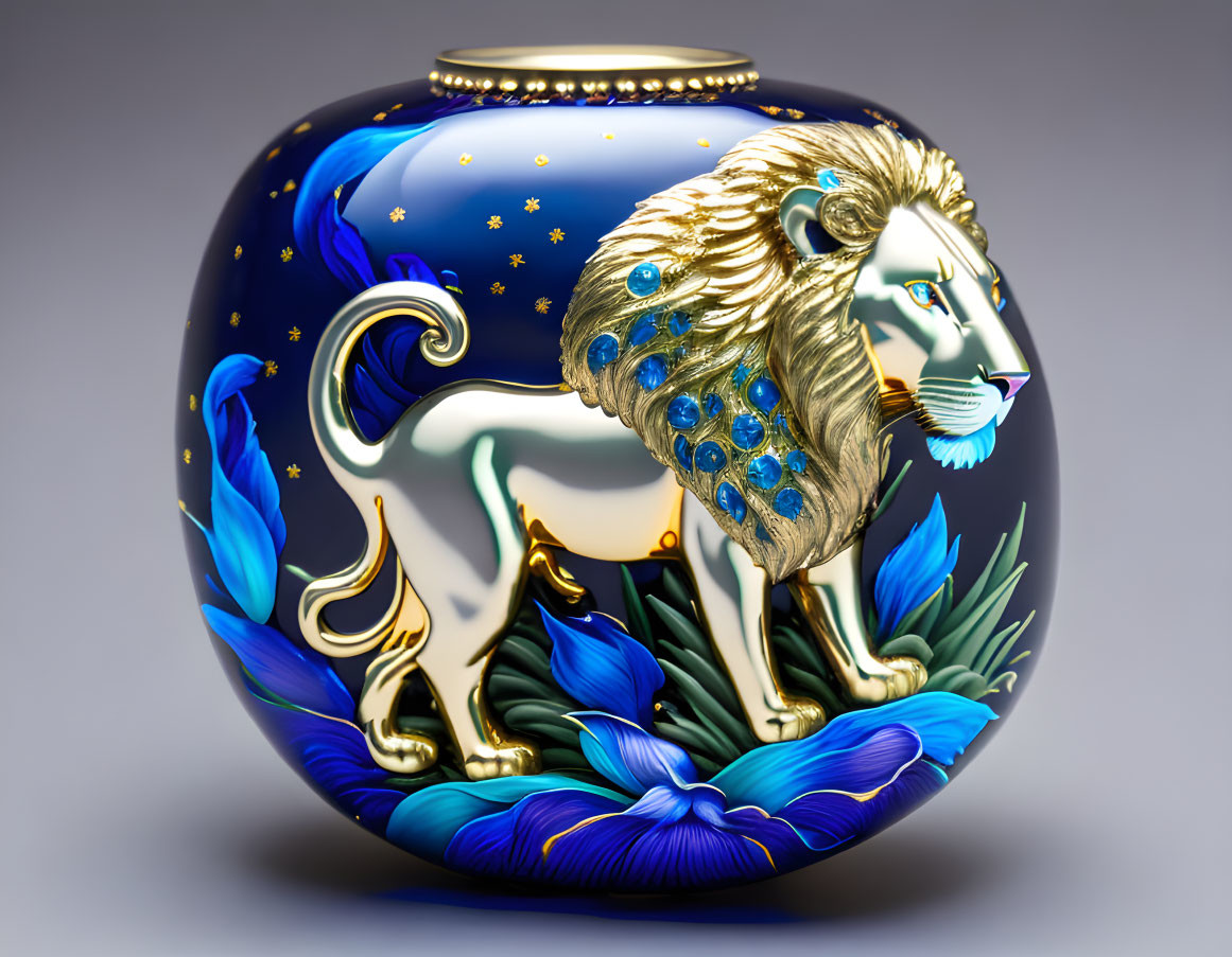 Vivid Blue Decorative Vase with Golden Lion and Blue Flowers