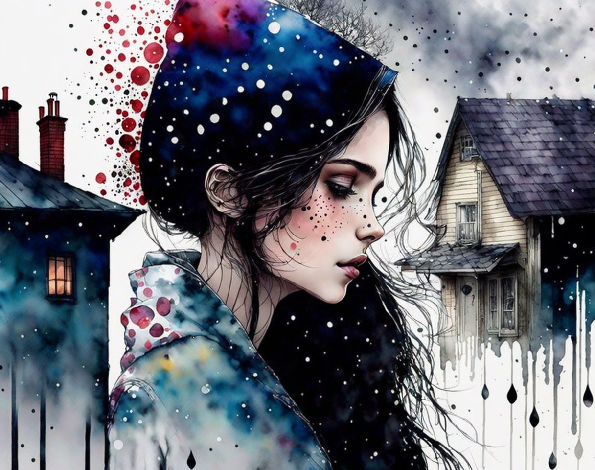 Illustration of woman in blue beret with freckles and red splashes, snowy village backdrop