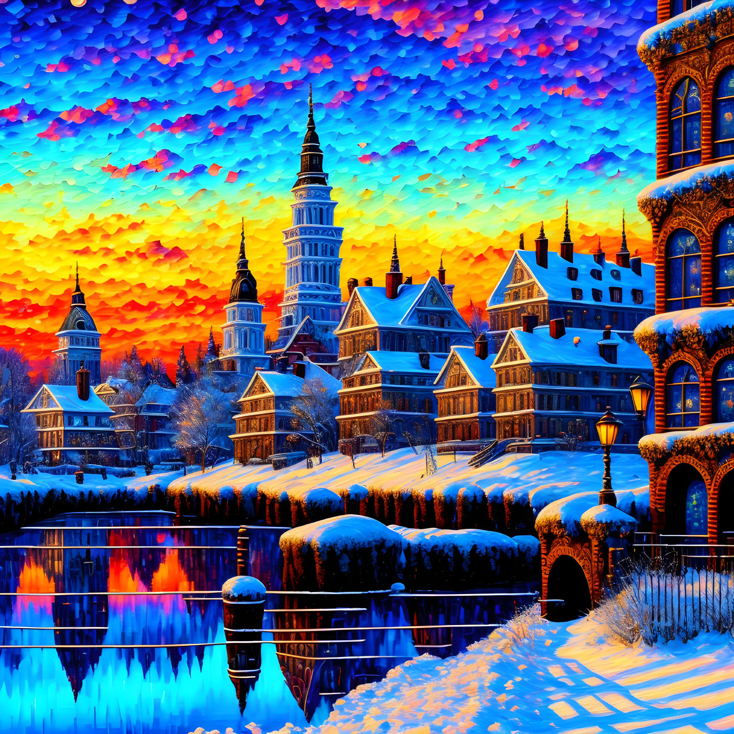 Snow-covered European-style buildings by frozen river at sunset