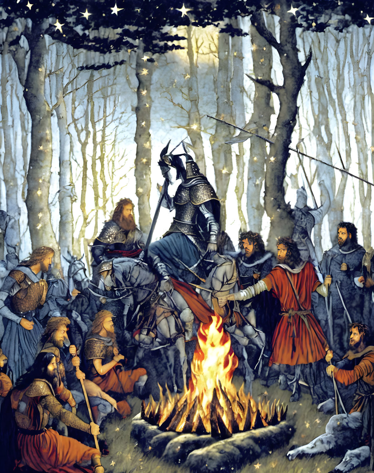 Medieval scene: Black-armored knight by forest campfire at night