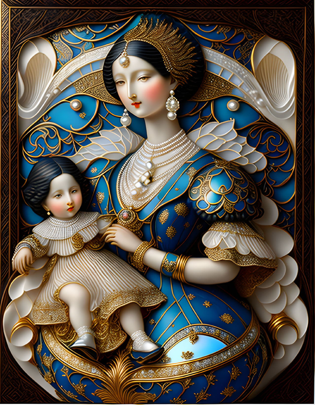 Intricate gold and blue design of woman and child symbolizing regal beauty