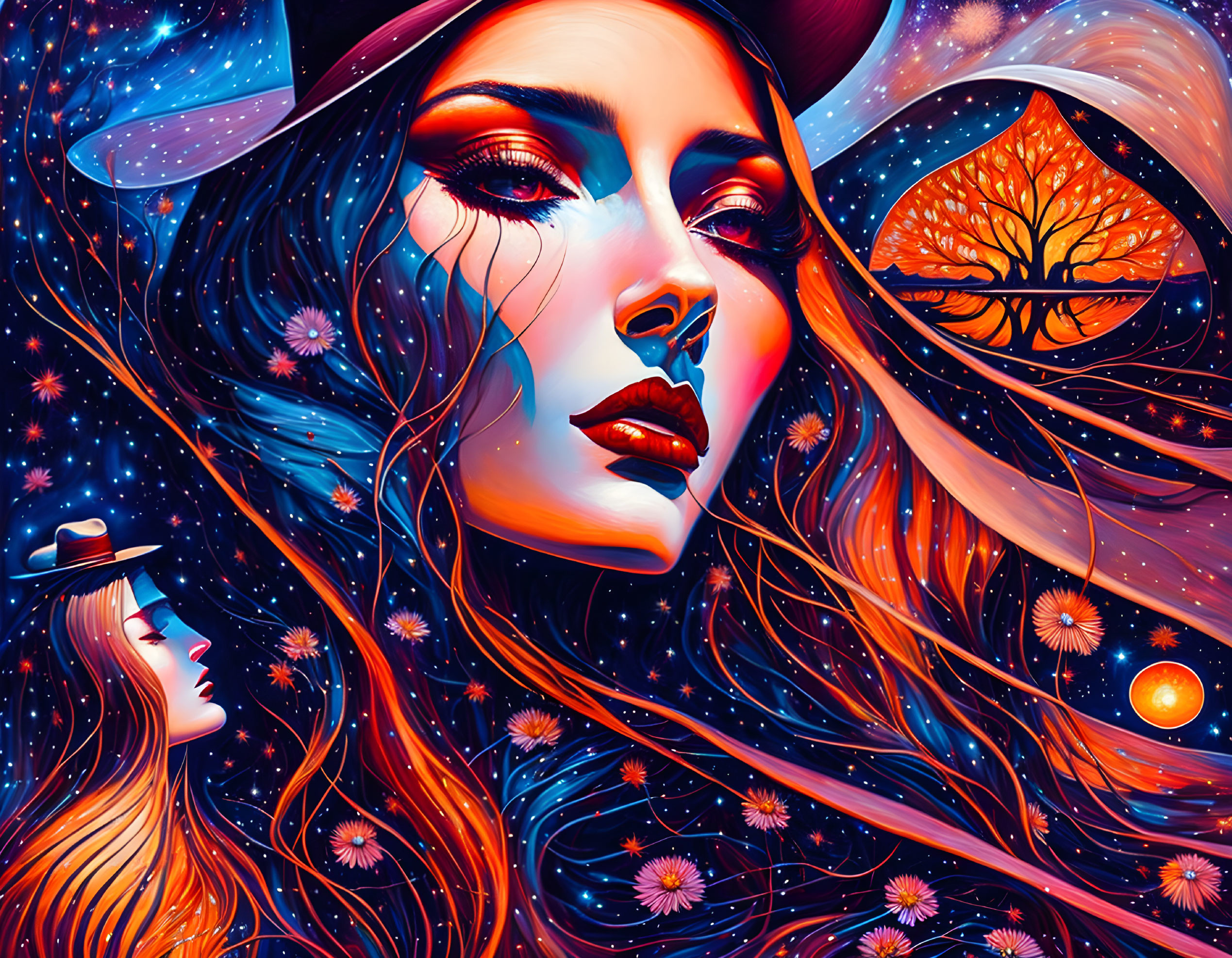 Colorful digital art: Two women with cosmic elements, flowing hair, stars, planets, and brain