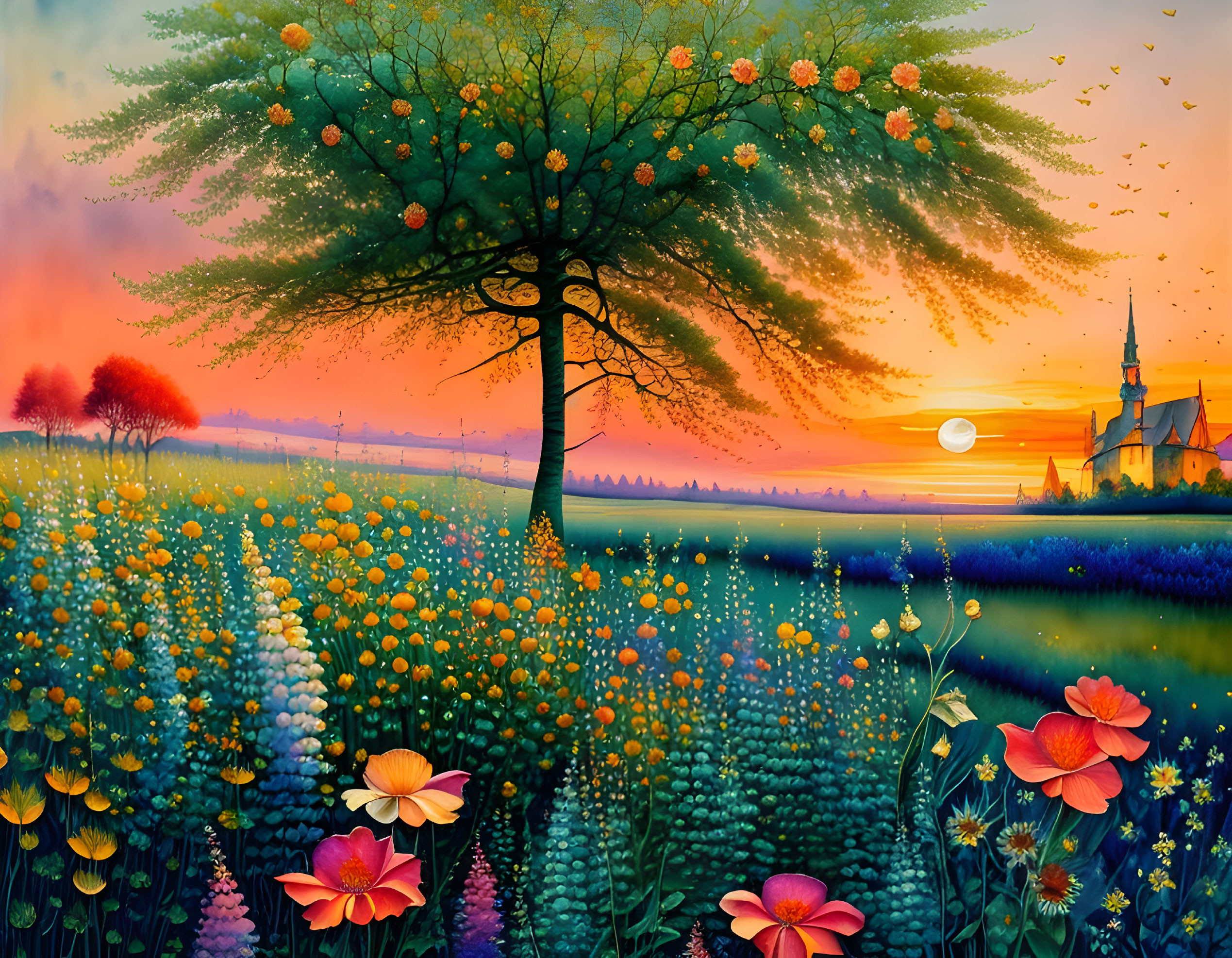 Colorful Landscape Painting with Tree, Flowers, Lake, and Church at Sunset