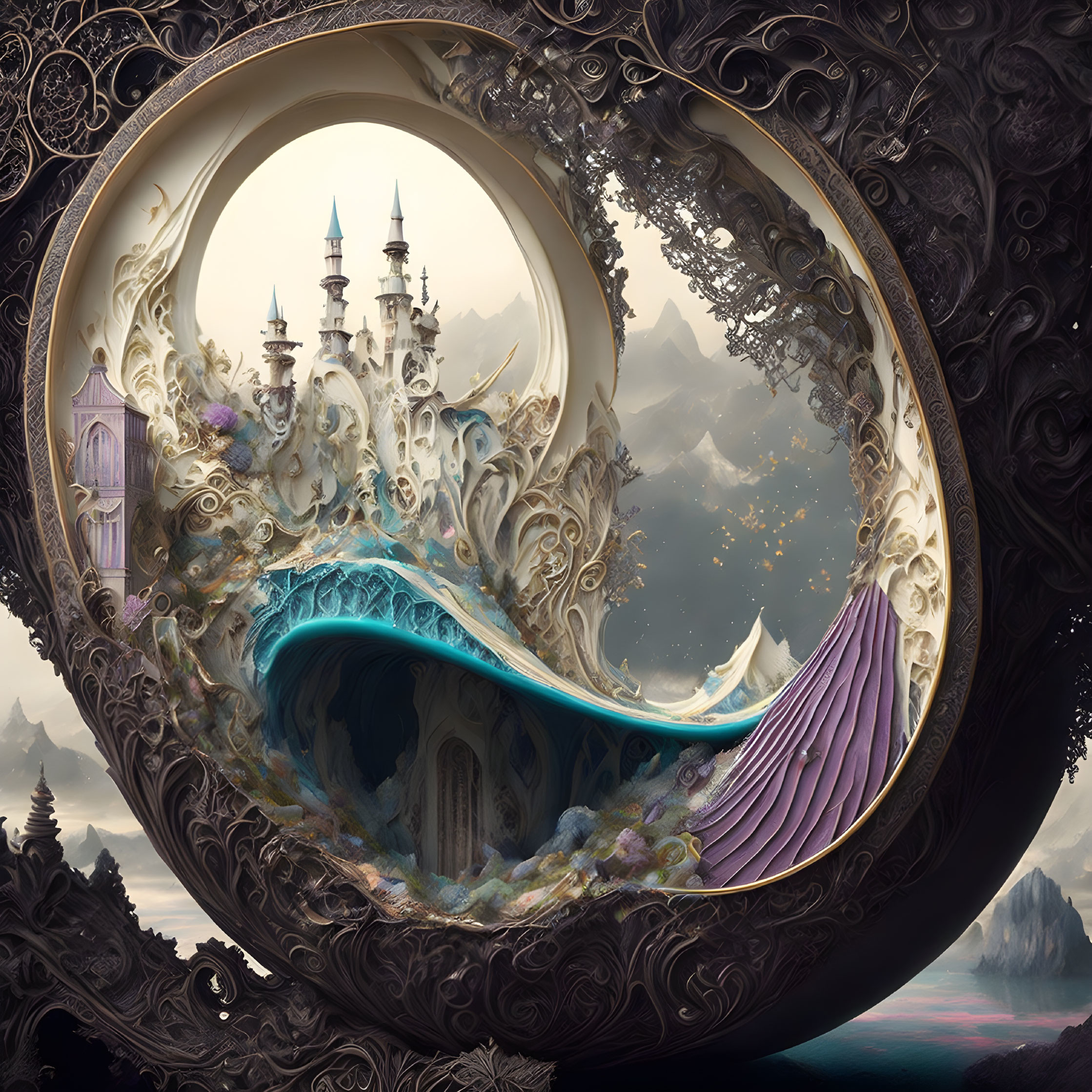 Elaborate frame surrounding fantasy castle scene