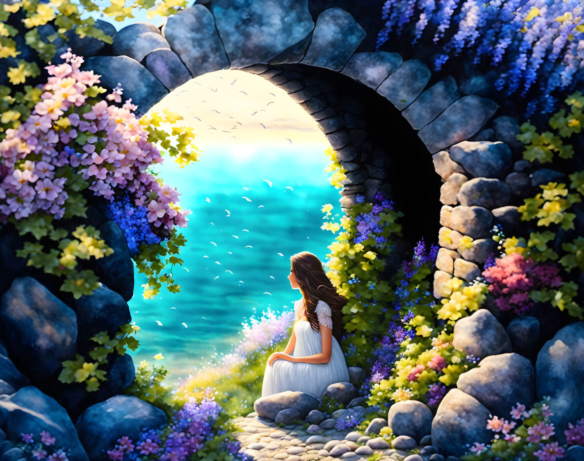 Woman by Stone Archway Surrounded by Flowers and Serene Sea