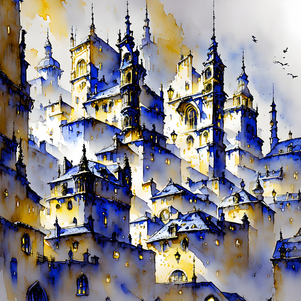 European-style Castle Watercolor Painting in Blue and Gold