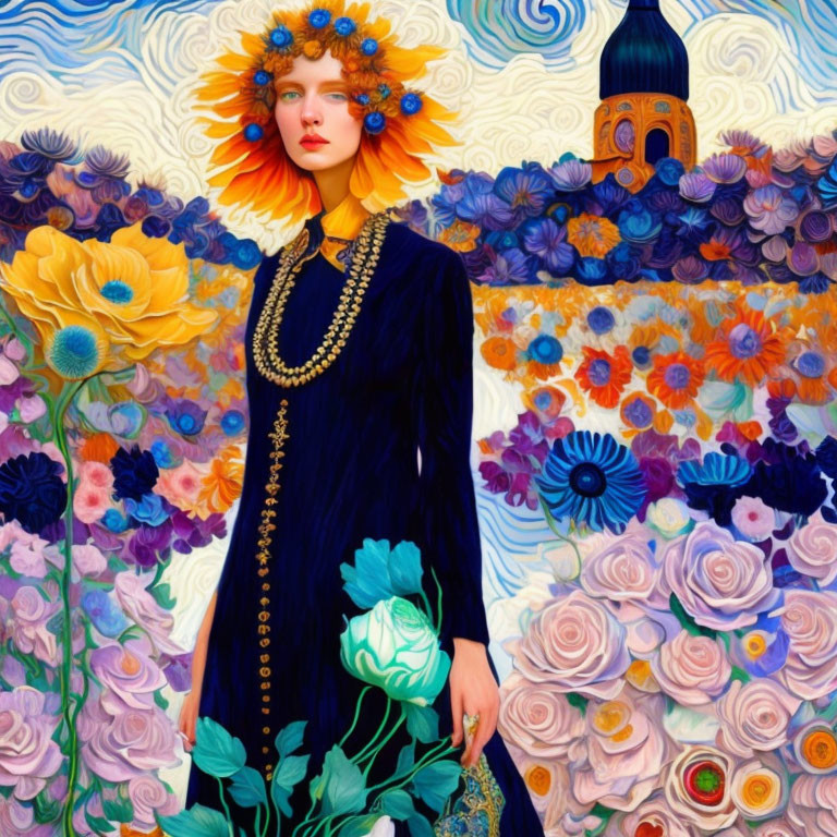 Portrait of woman with sunflower headdress in navy dress against floral backdrop