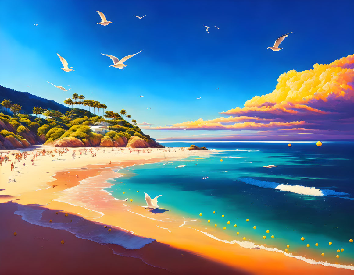 Vibrant beach scene with seagulls, blue waters, sunset sky, sandy shores, and