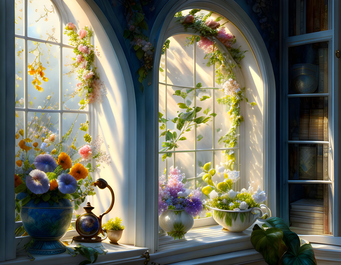 Window scene with blooming flowers, sunlight, and floral garlands.