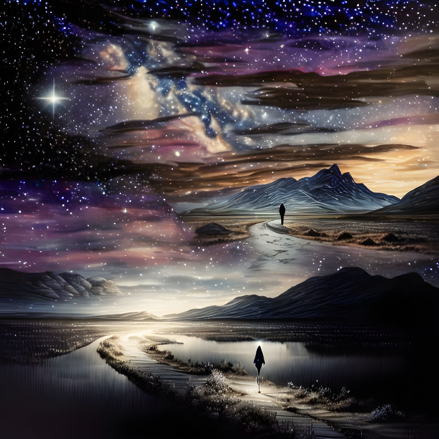 Solitary figure walking in serene mountainscape under star-filled sky