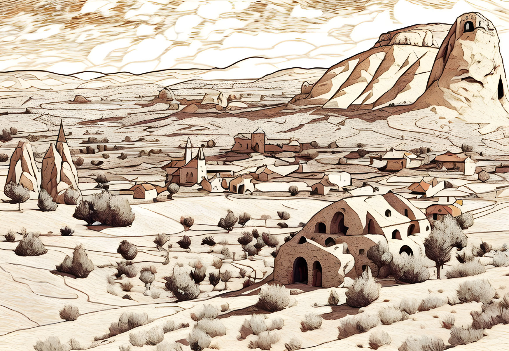 Desert village scene with traditional buildings and rock formations