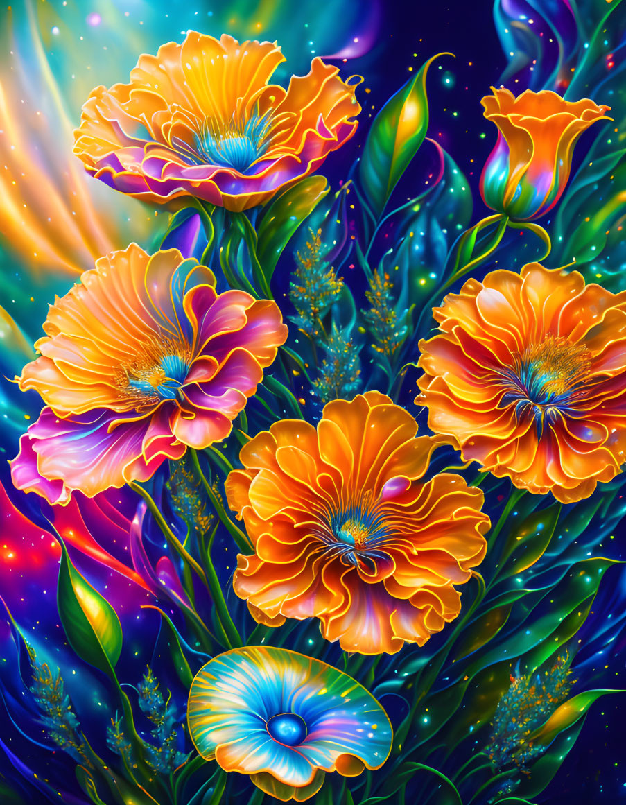 Colorful digital art: Orange flowers with neon blue accents on cosmic backdrop.