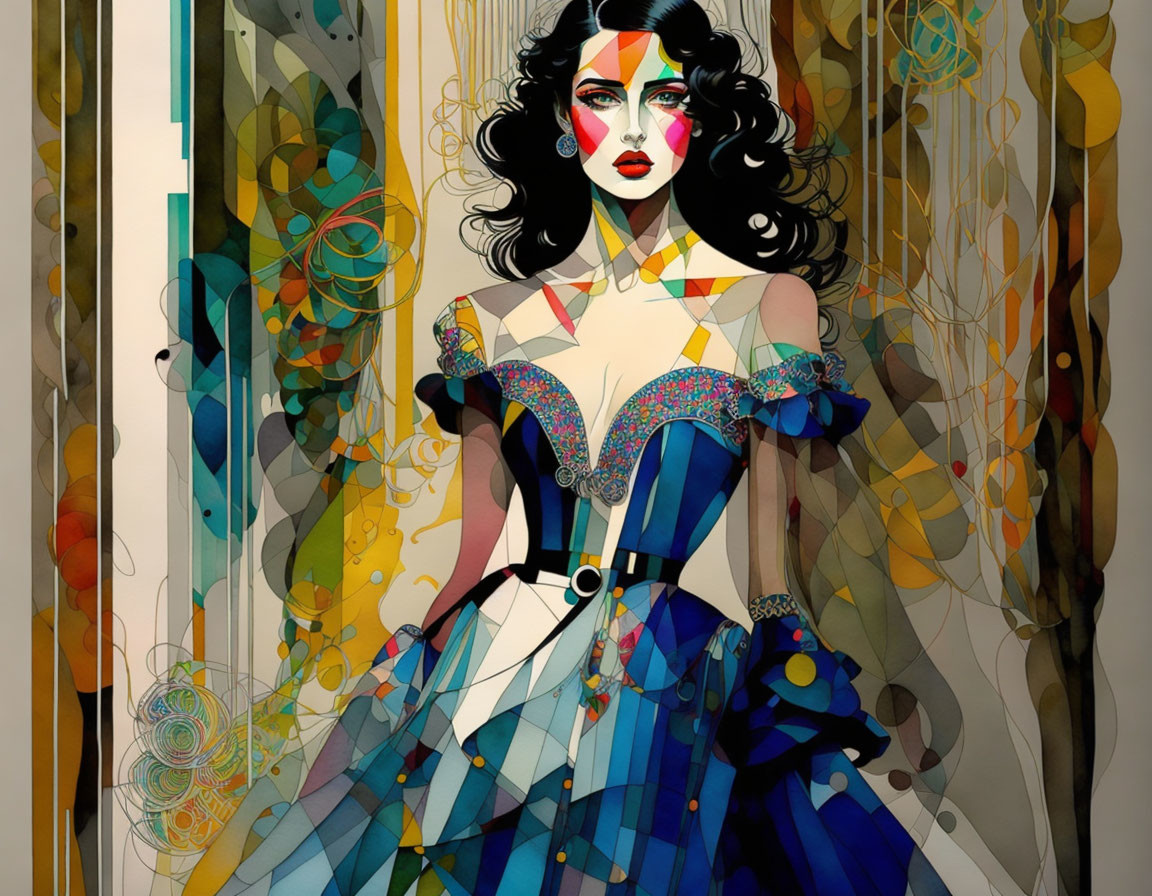 Vibrant illustration: Woman in blue modernistic dress with geometric patterns.