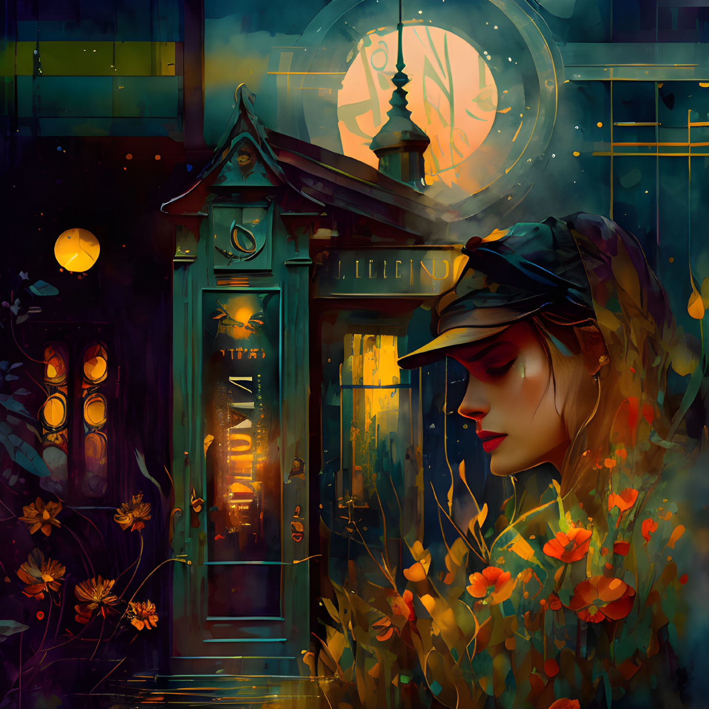 Stylized portrait of a woman with a cap against vibrant, moody backdrop