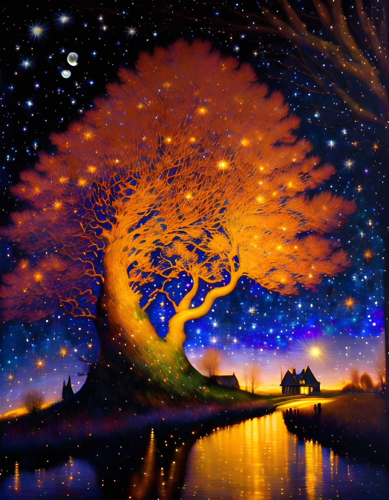 Luminous tree with fiery leaves, star-filled sky, crescent moon, and cozy house by