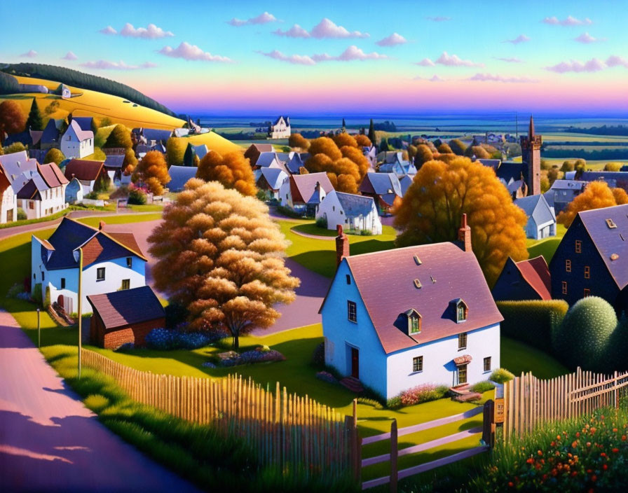 Scenic village with quaint houses and vibrant sunset sky