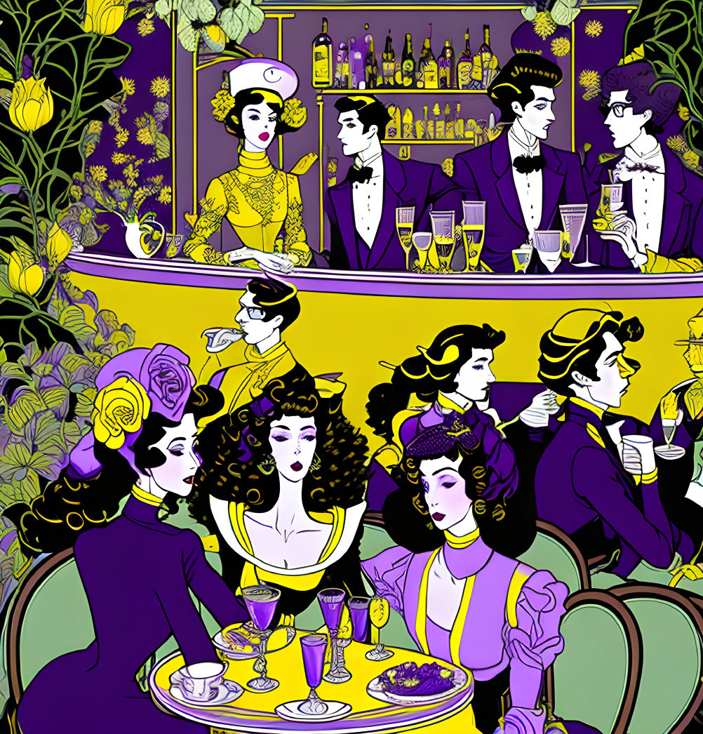 Elegantly Dressed People in Purple and Yellow Themed Bar Drinking and Conversing