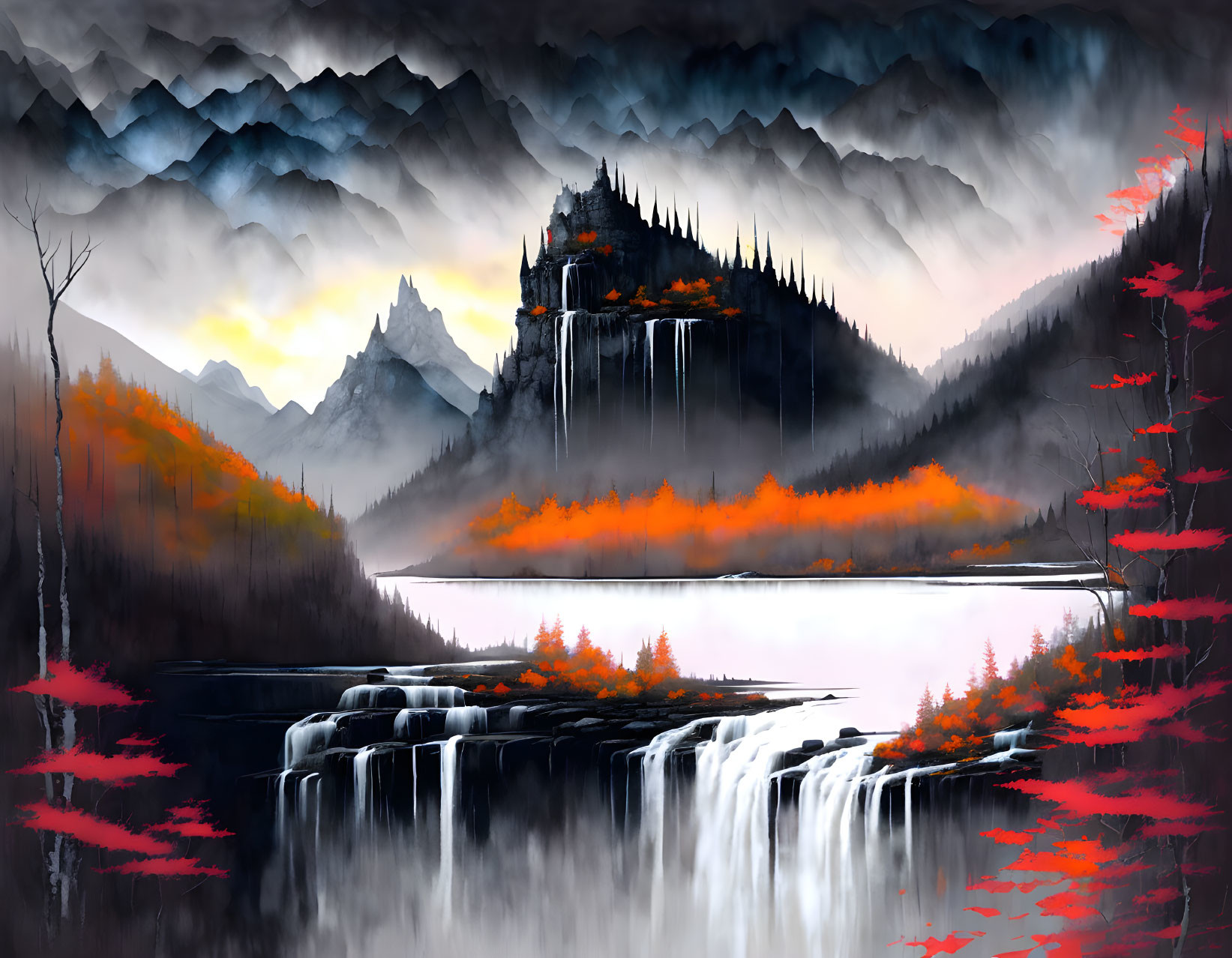 Fantasy landscape with waterfalls, lake, autumn foliage, castle, and dramatic sky