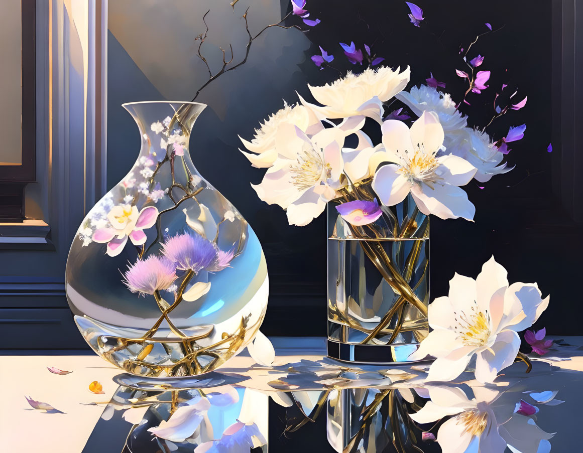 Transparent vase with blooming flowers, scattered petals, and delicate butterflies on dark backdrop