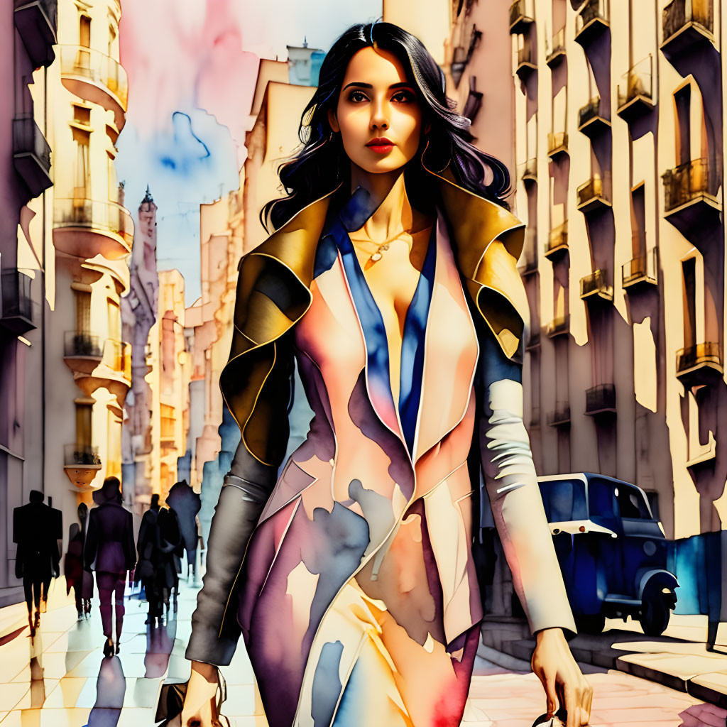 Dark-haired woman in vibrant attire on colorful city street