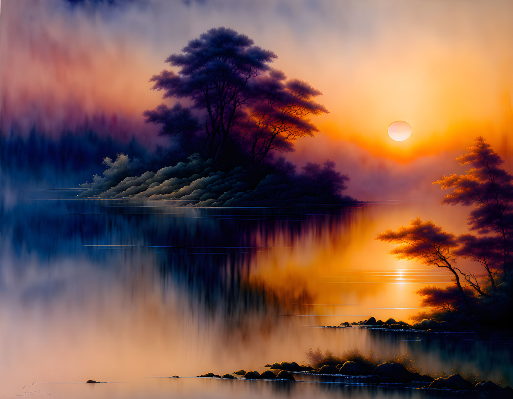 Digital artwork: Serene lakescape at sunrise/sunset with trees, reflections, and colorful sky