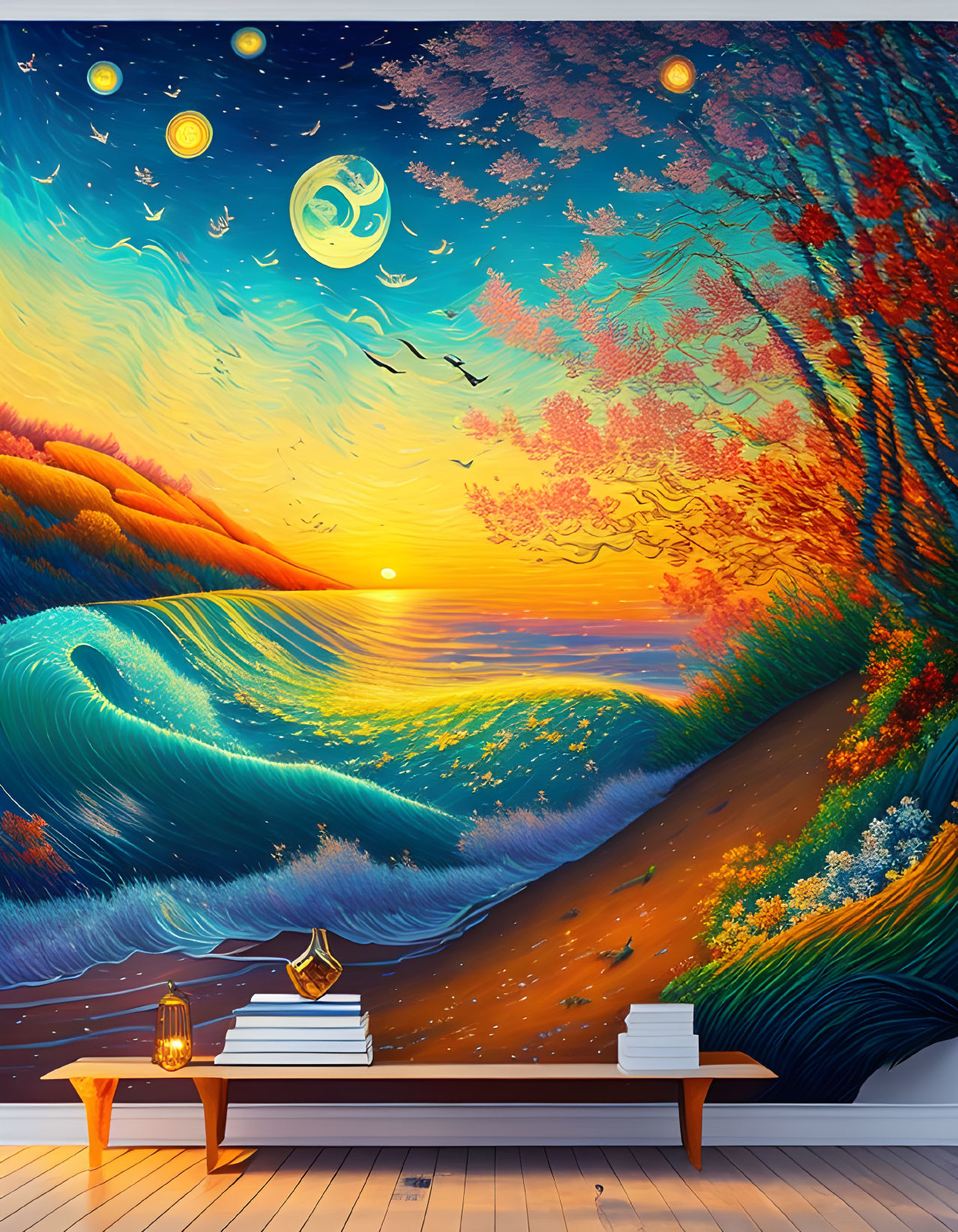 Colorful wall mural of surreal sunset seascape with waves, moon, stars, birds, and seating