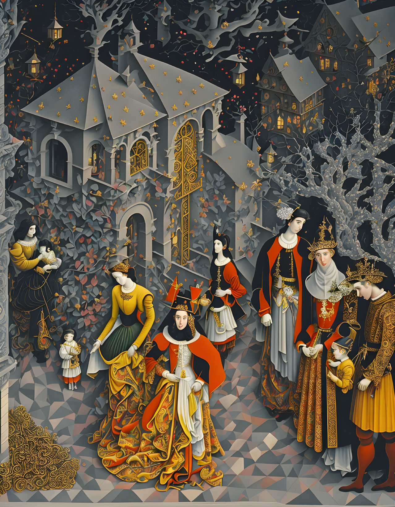 Detailed medieval royal figures illustration at night with castle in background.