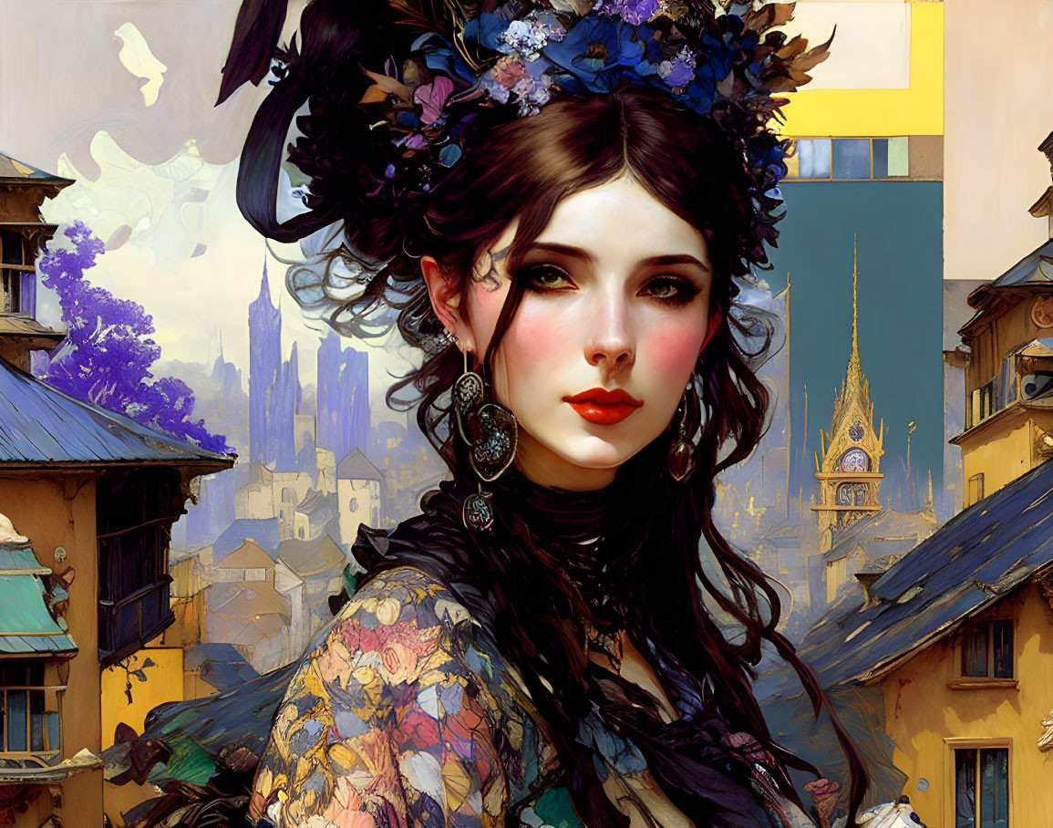 Digital painting of woman with floral headdress and intricate clothing against fantasy backdrop