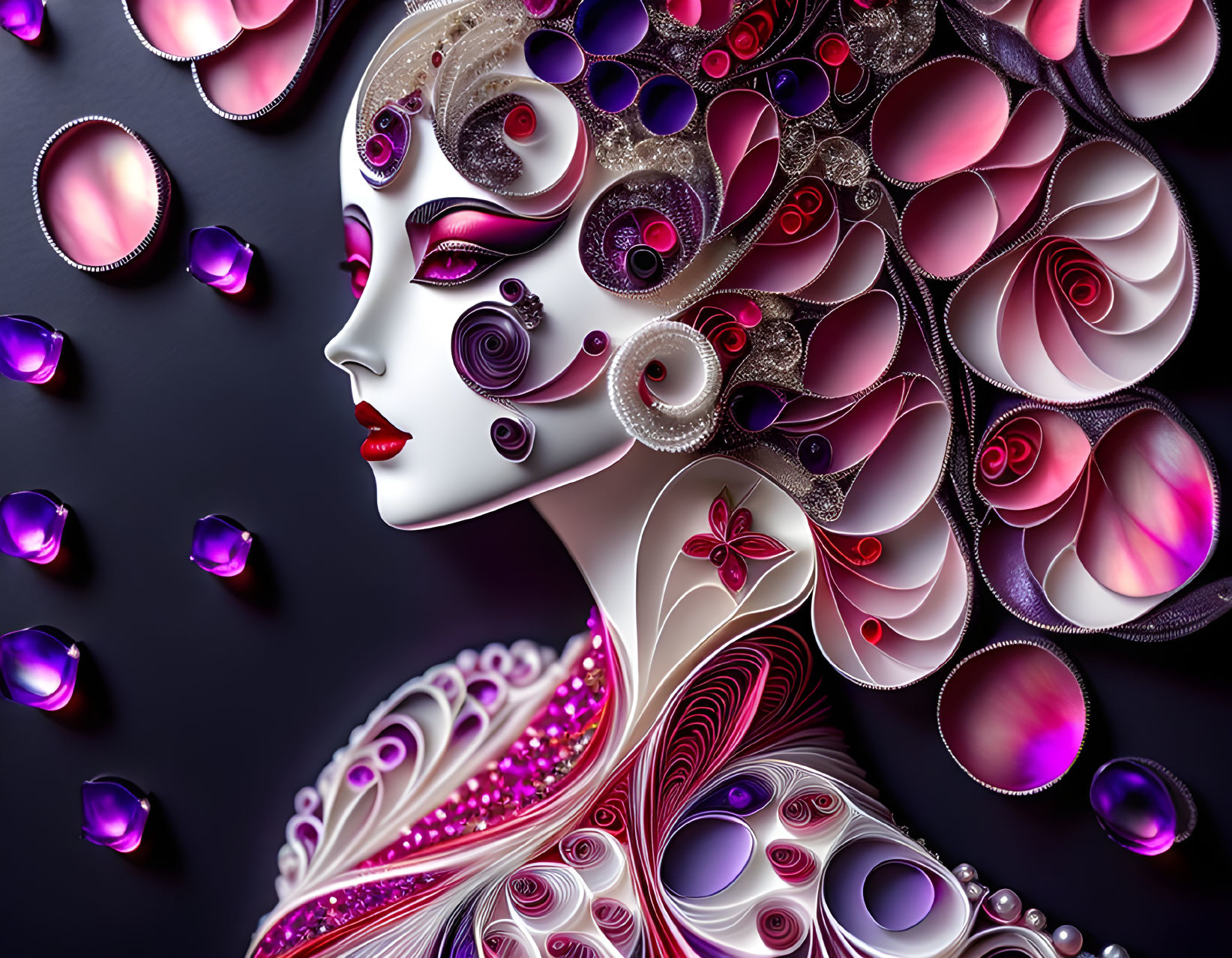 Stylized digital artwork of a woman with swirling patterns and purple gemstones