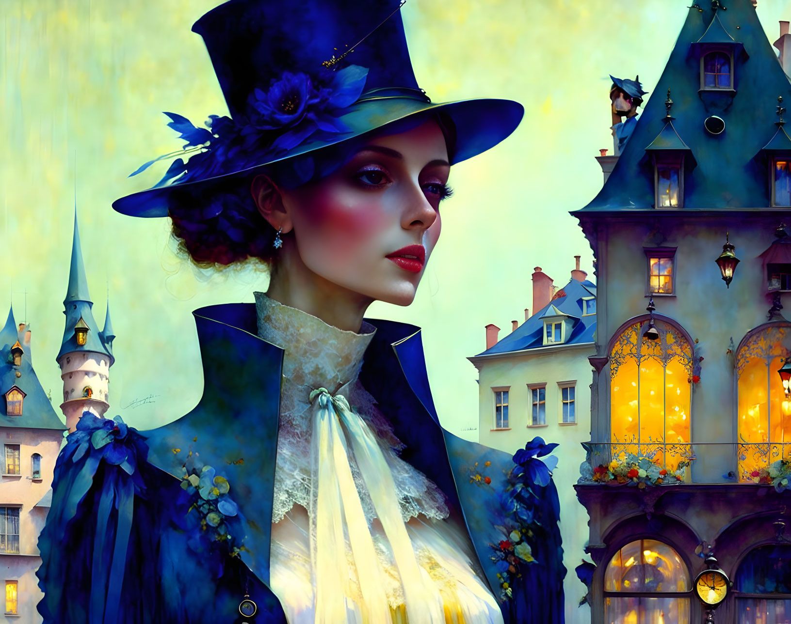 Victorian woman with floral top hat in whimsical cityscape