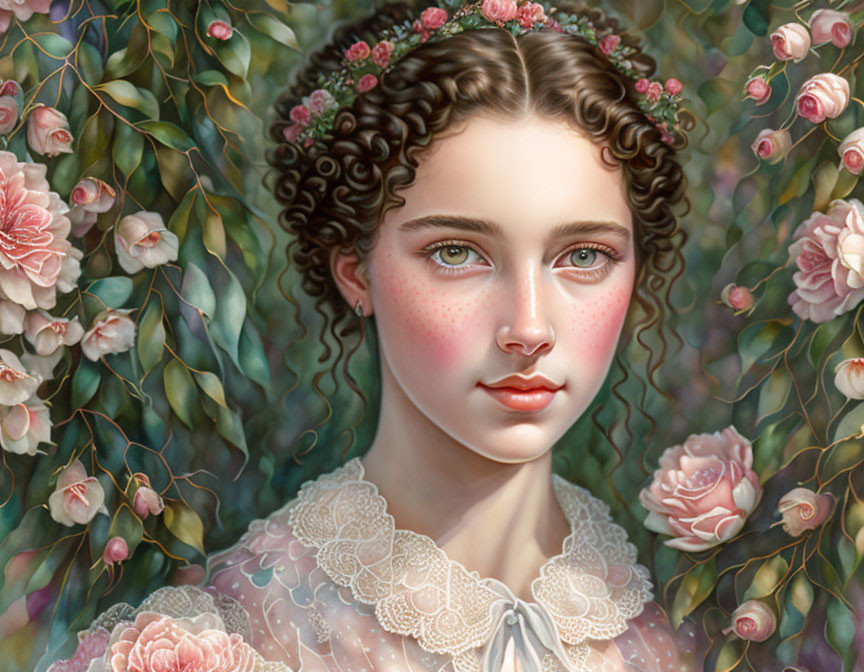 Portrait of young woman with curly hair, green eyes, floral crown, roses, and greenery